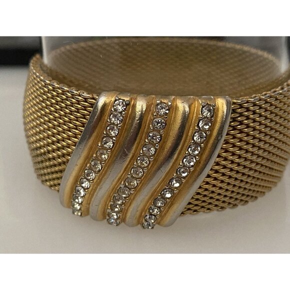 Vintage 1960s Bangle Bracelet Wide Mesh Gold Tone Rhinestone Detail Retro MCM - Picture 3 of 16